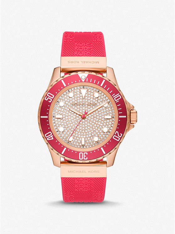 MK MK7359 Oversized Slim Everest Pavé Rose-Gold Tone and Embossed Silicone Watch GERANIUM