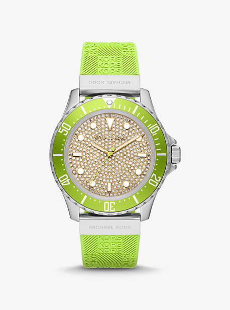 MK7360 - Oversized Slim Everest Pavé Silver-Tone and Embossed Silicone Watch LIMEADE