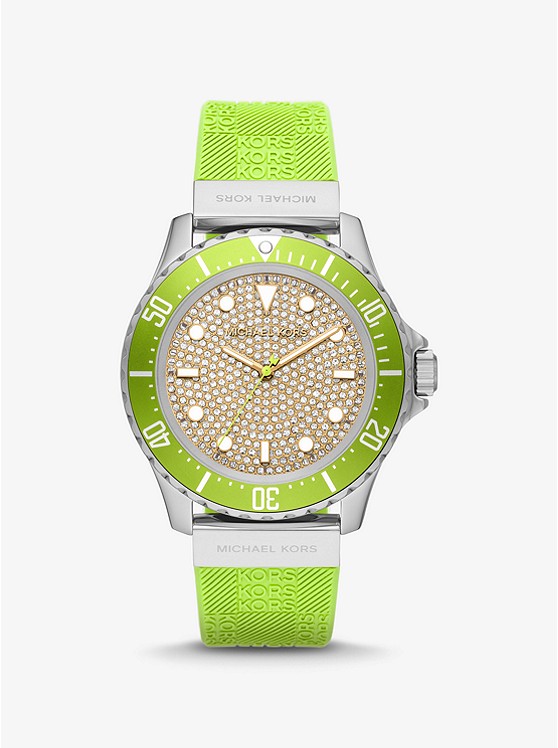 MK MK7360 Oversized Slim Everest Pavé Silver-Tone and Embossed Silicone Watch LIMEADE