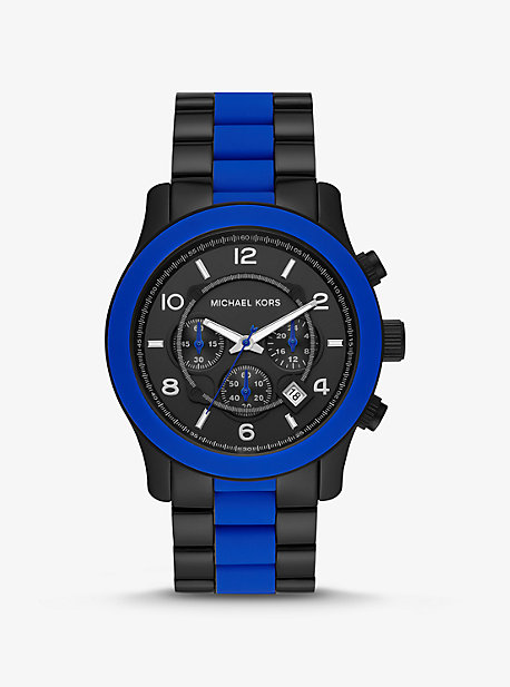 MK8756 - Oversized Runway Black-Tone and Silicone Watch BLUE