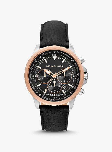 MK8905 - Oversized Cortlandt Leather and Two-Tone Watch BLACK