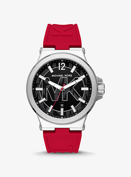 MK8924 - Oversized Dylan Silver-Tone and Silicone Logo Watch RED