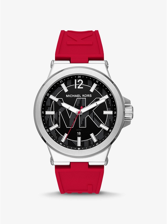 MK MK8924 Oversized Dylan Silver-Tone and Silicone Logo Watch RED
