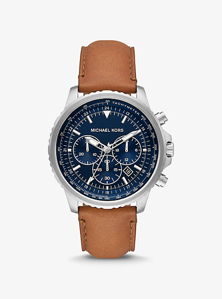 MK8927 - Oversized Cortlandt Leather and Silver-Tone Watch LUGGAGE