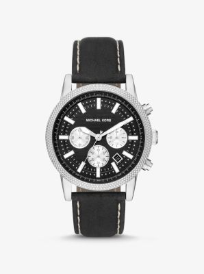 MK8956 - Oversized Hutton Silver-Tone and Leather Watch BLACK