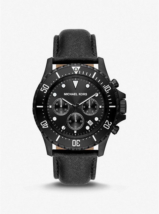MK MK9053 Oversized Everest Black-Tone and Leather Watch BLACK