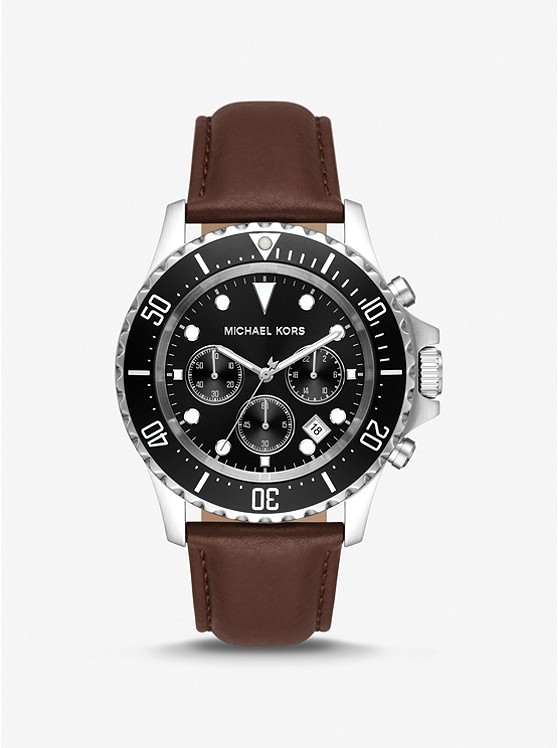 MK MK9054 Oversized Everest Silver-Tone and Leather Watch SILVER