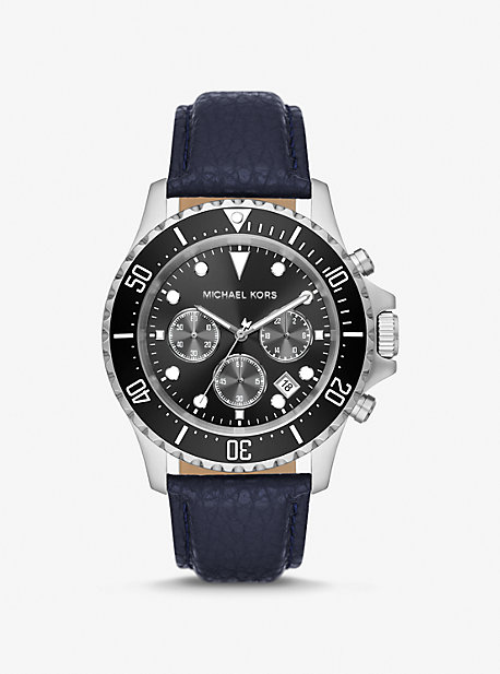 MK9091 - Oversized Everest Silver-Tone and Pebbled Leather Watch NAVY