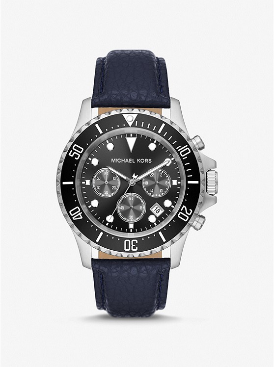 MK MK9091 Oversized Everest Silver-Tone and Pebbled Leather Watch NAVY