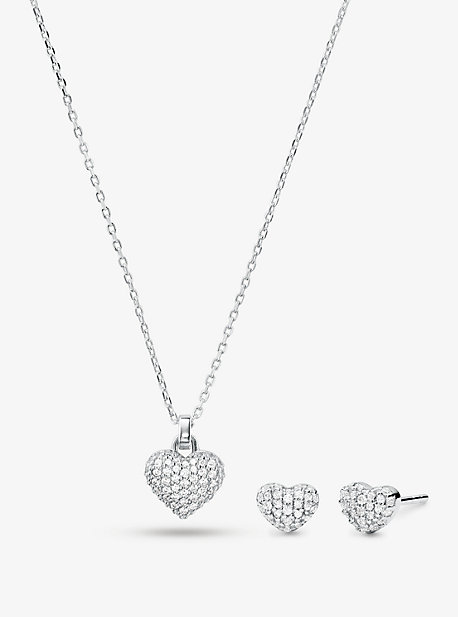 MKC1262AN - 14K Gold-Plated Sterling Silver Pavé Heart Necklace and Stud Earrings Set SILVER