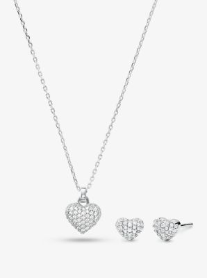 MKC1262AN - 14K Gold-Plated Sterling Silver Pavé Heart Necklace and Stud Earrings Set SILVER