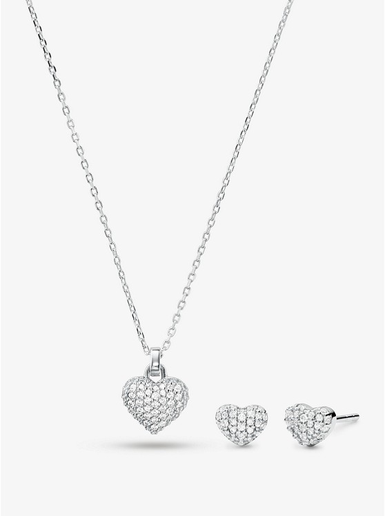MK MKC1262AN 14K Gold-Plated Sterling Silver Pavé Heart Necklace and Stud Earrings Set SILVER