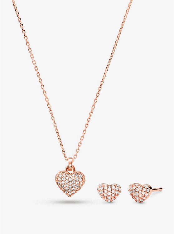 MK MKC1262AN 14K Gold-Plated Sterling Silver Pavé Heart Necklace and Stud Earrings Set ROSE GOLD