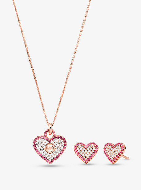 MKC1481BH - 14K Rose Gold-Plated Sterling Silver Pavé Heart Necklace and Stud Earrings Gift Set ROSE GOLD