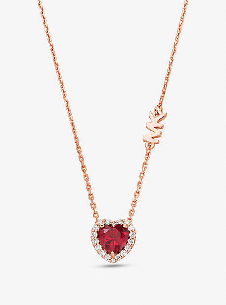MKC1520BG - 14K Rose Gold-Plated Sterling Silver Crystal Heart Necklace RED