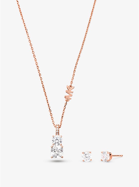 MK MKC1545AN Precious Metal-Plated Sterling Silver Stone Necklace and Stud Earrings Set ROSE GOLD