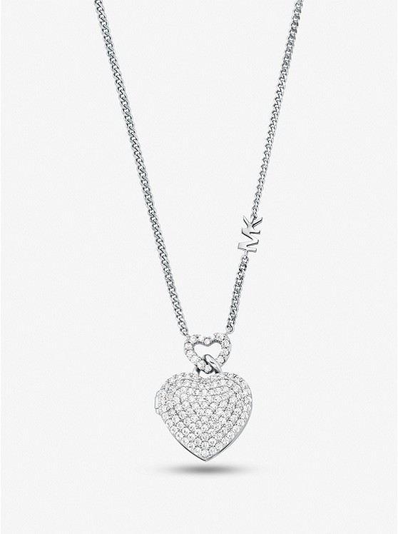 MK MKC1566AN Precious Metal-Plated Sterling Silver Heart Pavé Locket Necklace SILVER