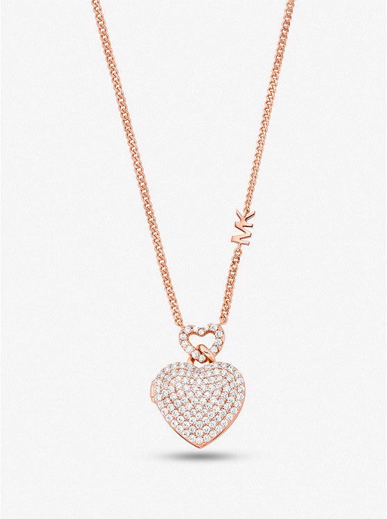 MK MKC1566AN Precious Metal-Plated Sterling Silver Heart Pavé Locket Necklace ROSE GOLD