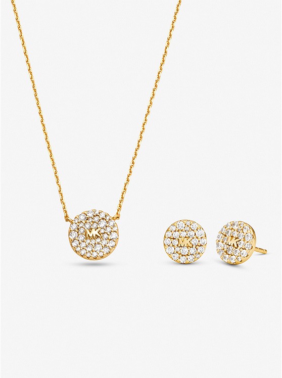 MK MKC1625SET 14K Gold-Plated Sterling Silver Pavé Logo Disc Earrings and Necklace Set GOLD