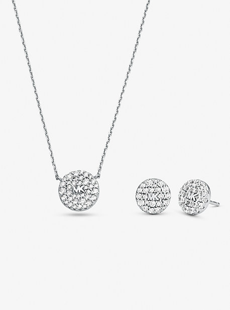 MKC1626SET - Sterling Silver Pavé Logo Disc Earrings and Necklace Set SILVER