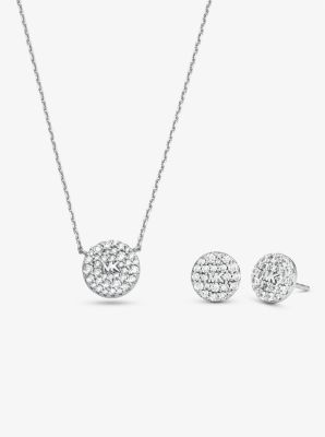 MKC1626SET - Sterling Silver Pavé Logo Disc Earrings and Necklace Set SILVER