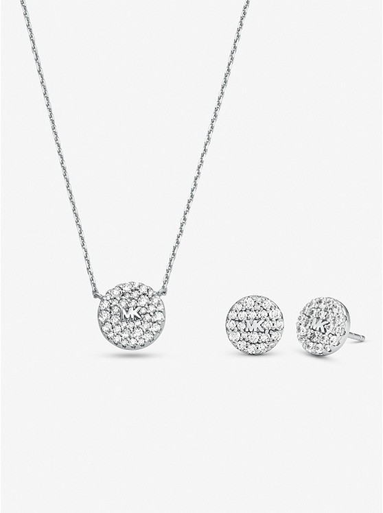 MK MKC1626SET Sterling Silver Pavé Logo Disc Earrings and Necklace Set SILVER