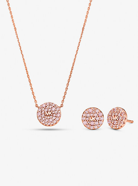MKC1627SET - 14K Rose Gold-Plated Sterling Silver Pavé Logo Disc Earrings and Necklace Set ROSE GOLD