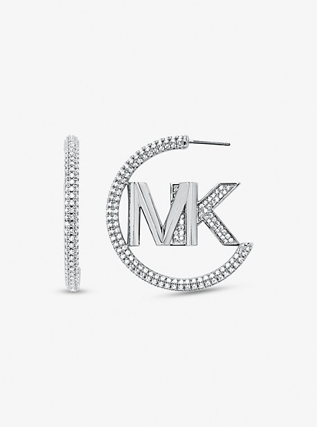 MKJ7786 - Precious Metal-Plated Brass Pavé Logo Hoop Earrings SILVER