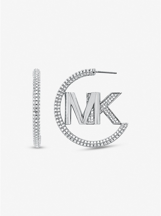 MK MKJ7786 Precious Metal-Plated Brass Pavé Logo Hoop Earrings SILVER