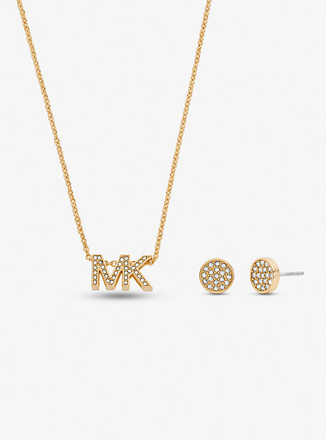 MKJ8019SET - Gold-Plated Brass Pavé Logo Necklace and Earrings Set GOLD
