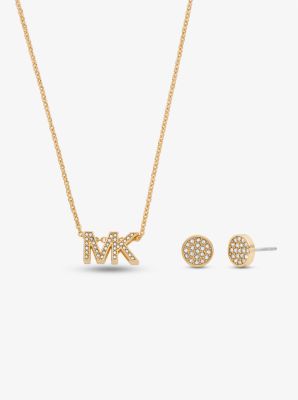 MKJ8019SET - Gold-Plated Brass Pavé Logo Necklace and Earrings Set GOLD