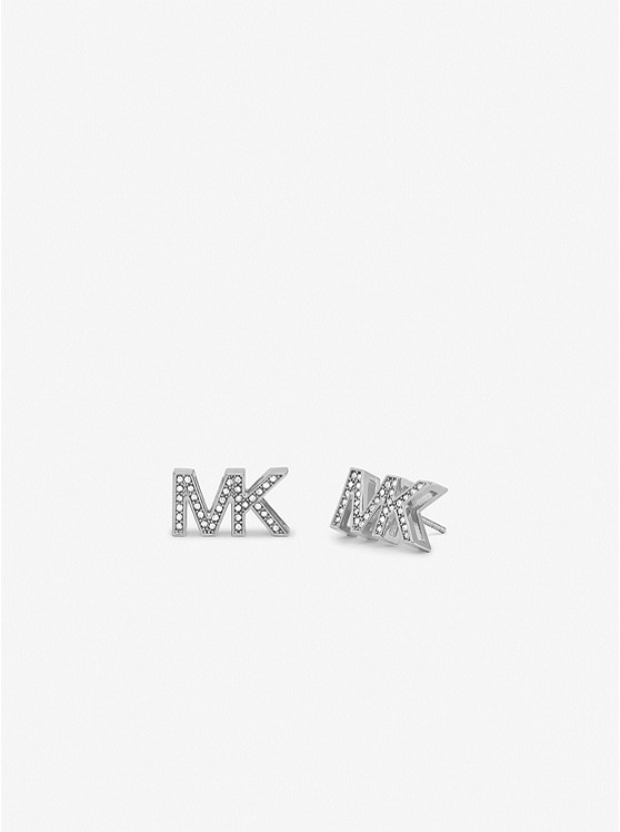 MK MKJX8025 Tri-Tone Brass Pavé Logo Stud Earrings SILVER