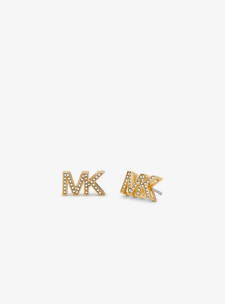 MKJX8025 - Tri-Tone Brass Pavé Logo Stud Earrings GOLD