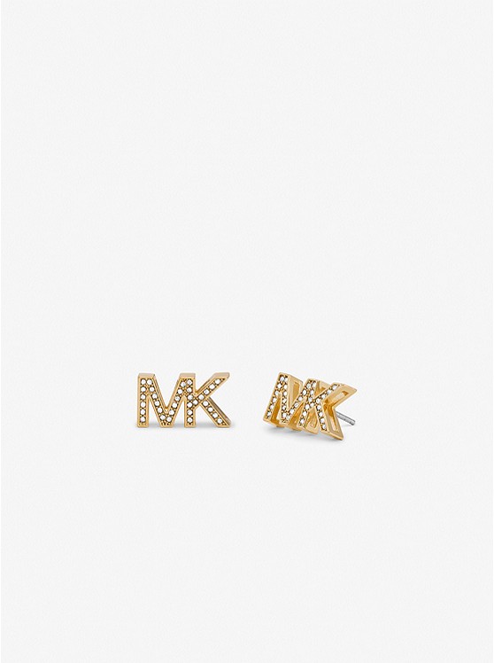 MK MKJX8025 Tri-Tone Brass Pavé Logo Stud Earrings GOLD