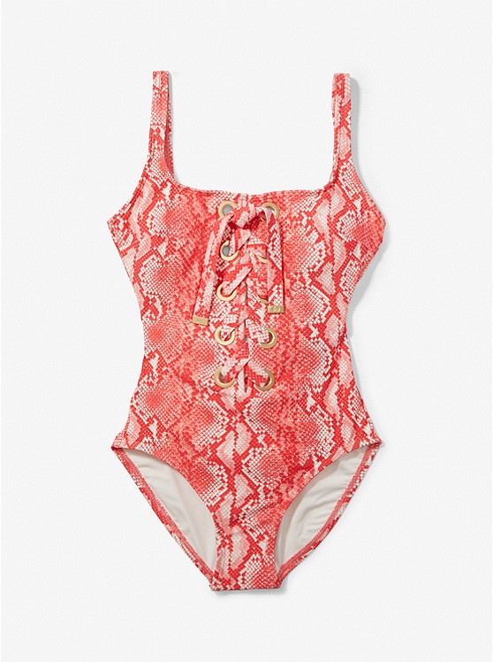 MK MM42456 Printed Lace-Up Swimsuit CORAL