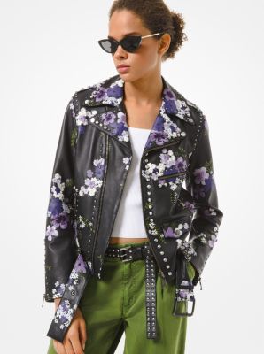 MS02J52DWB - Floral Embroidered Leather Moto Jacket BLACK COMBO