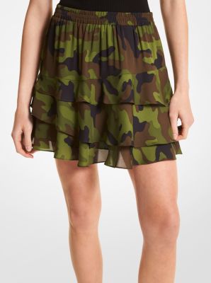 MS2703H5SZ - Camouflage Silk Georgette Ruffled Skirt SMOKEY OLIVE