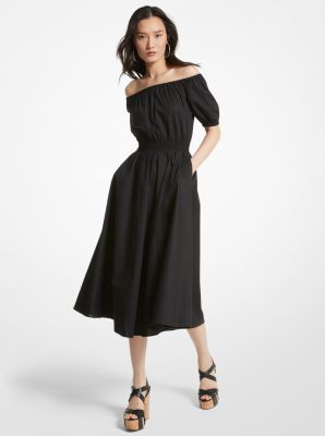 MS381OZF4C - Stretch Organic Cotton Poplin Off-The-Shoulder Dress BLACK