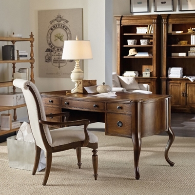 Hooker Furniture Writing Desk with Bonded Leather Inlay and Bookcase Wall Toffee Pecan finish