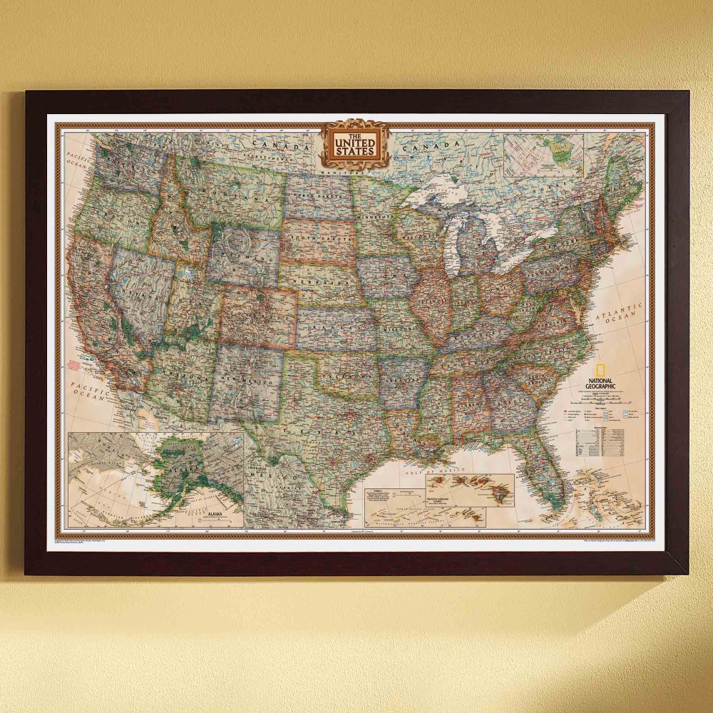 Map United States Framed U.S. Political Map (Earth-toned), Poster Size and Framed