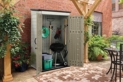 Rubbermaid Outdoor Large Vertical Storage Shed, Resin, Sandstone & Onyx, 4  ft. x 2.5 ft. 