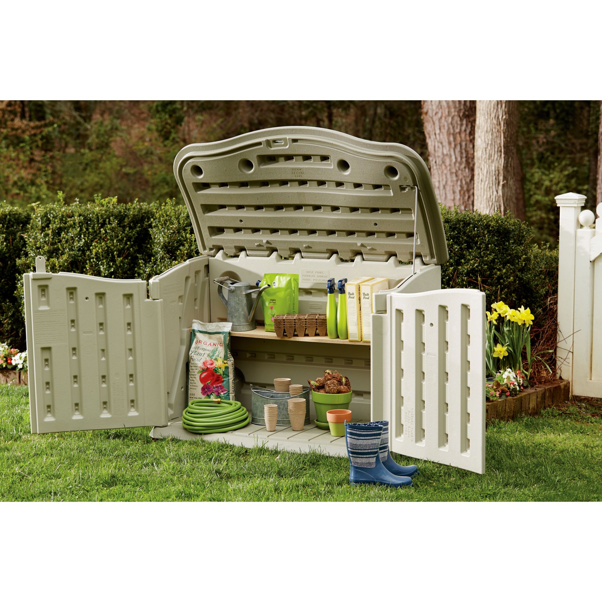 Rubbermaid 5 ft. x 2 ft. 2 in. x 2 ft. 4 in. x L Deck Box with Seat  Rubbermaid  outdoor storage, Deck box storage, Outdoor storage bench