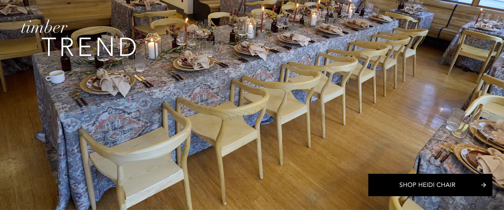 Heidi Chairs in natural wood paired with Weave linens for a modern, sophisticated event floor plan