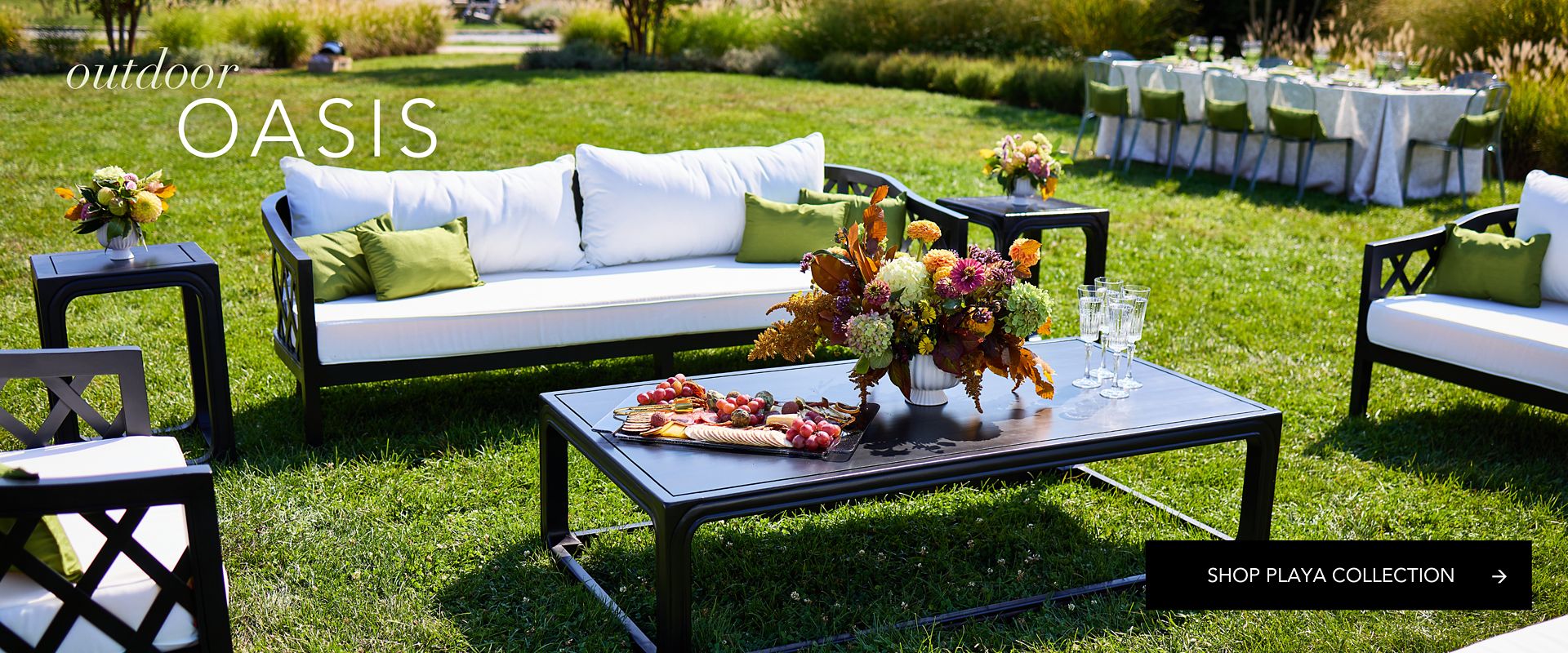 high-end outdoor event lounge rental featuring the Playa Collection for garden weddings, corporate retreats, and summer galas