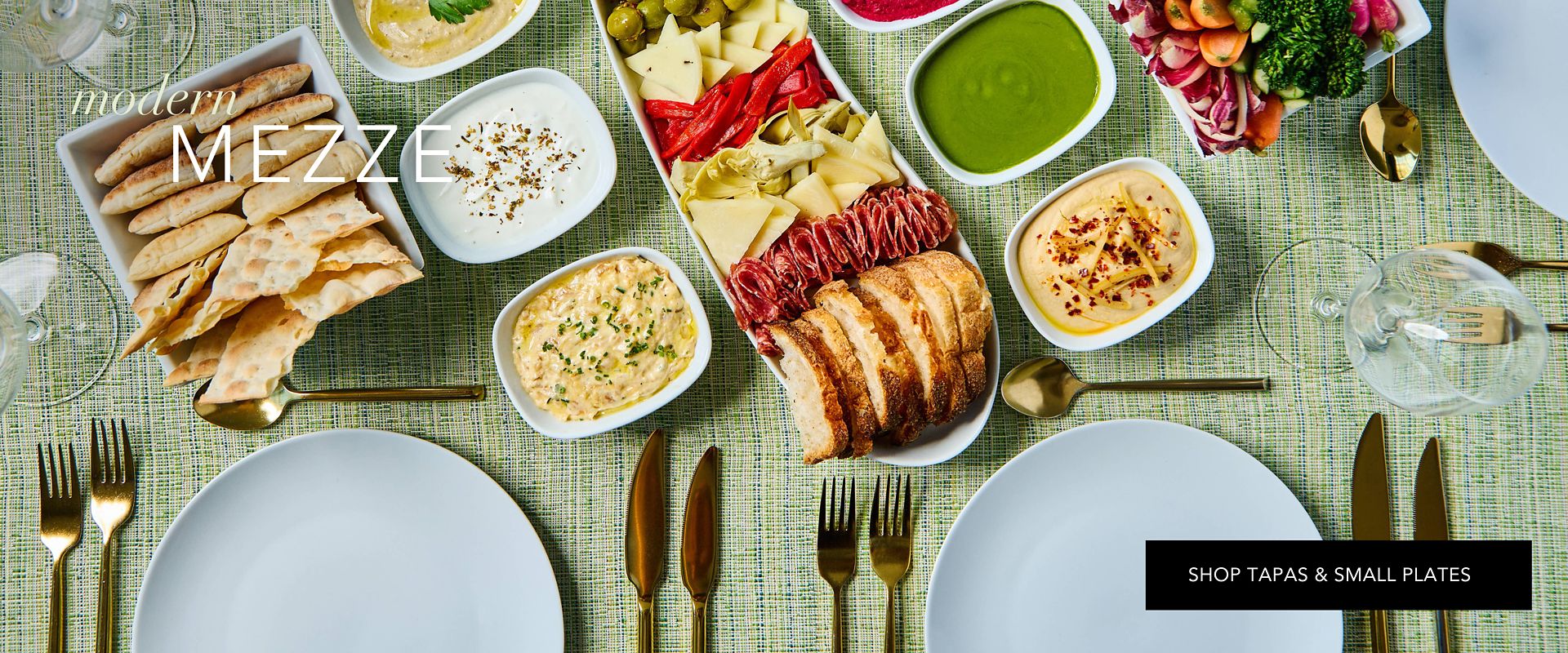 Selection of white ceramic tapas bowls, small plates, and gold flatware for rent from Party Rental Ltd.