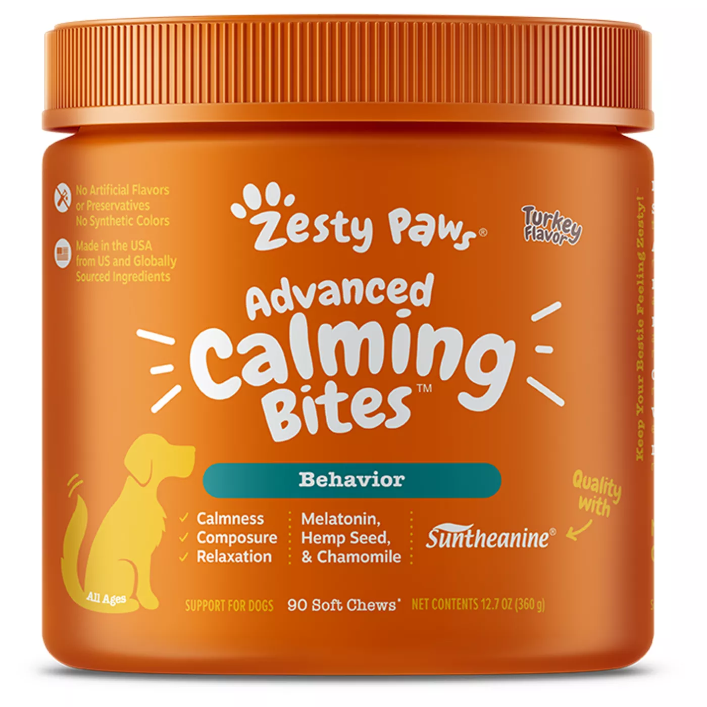 Zesty Paws Advanced Calming Bites for Dogs - Turkey Flavored Soft Chew Calming Supplement - 90 Count