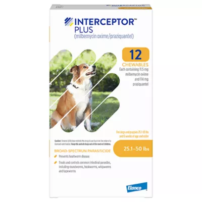 Product Interceptor Plus Chewable Tablets for Dogs - 25.1-50 lbs, Yellow Box