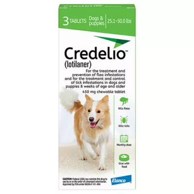 Product Credelio Flea & Tick Chewable Tablets for Dogs & Puppies 25.1-50 lbs (450 mg) Green