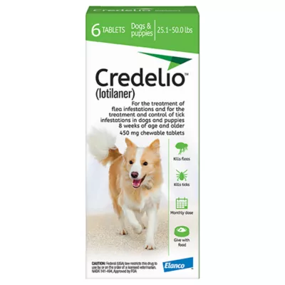 Product Credelio Flea & Tick Chewable Tablets for Dogs & Puppies 25.1-50 lbs (450 mg) Green