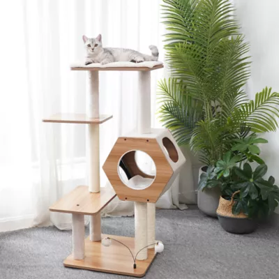 Product PetPals 44-in Wagon Style Wooden 4-Level Cat Tree with Condo, Beige